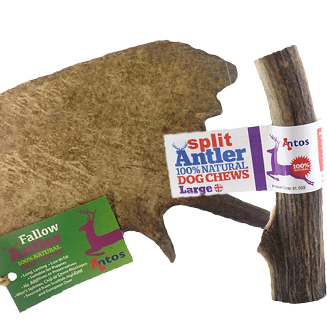 Antos 100% Natural Antler Chews For Dogs. Pack With A Split Large (81G-120G) And A Fallow Large (150-220G). Size May Vary. Helps Clean Dogs Teeth.