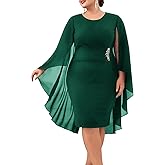 Hanna Nikole Womens Plus Size Chiffon Cape Dress Crew Neck Wedding Guest Dresses Ruched Bodycon Cocktail Pencil Dress