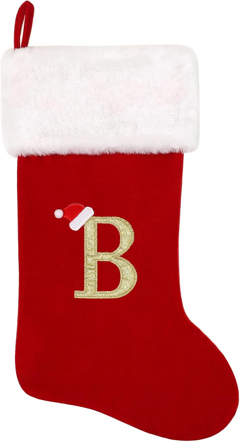 Stockings & Holders - Tokforty 20 Inches Red Velvet with White Super Soft Plush Cuff Monogram Christmas Stockings, Xmas Personalized Embroidered Letter Stockings for Family Holiday Decorations and Xmas Tree Fireplace（B）