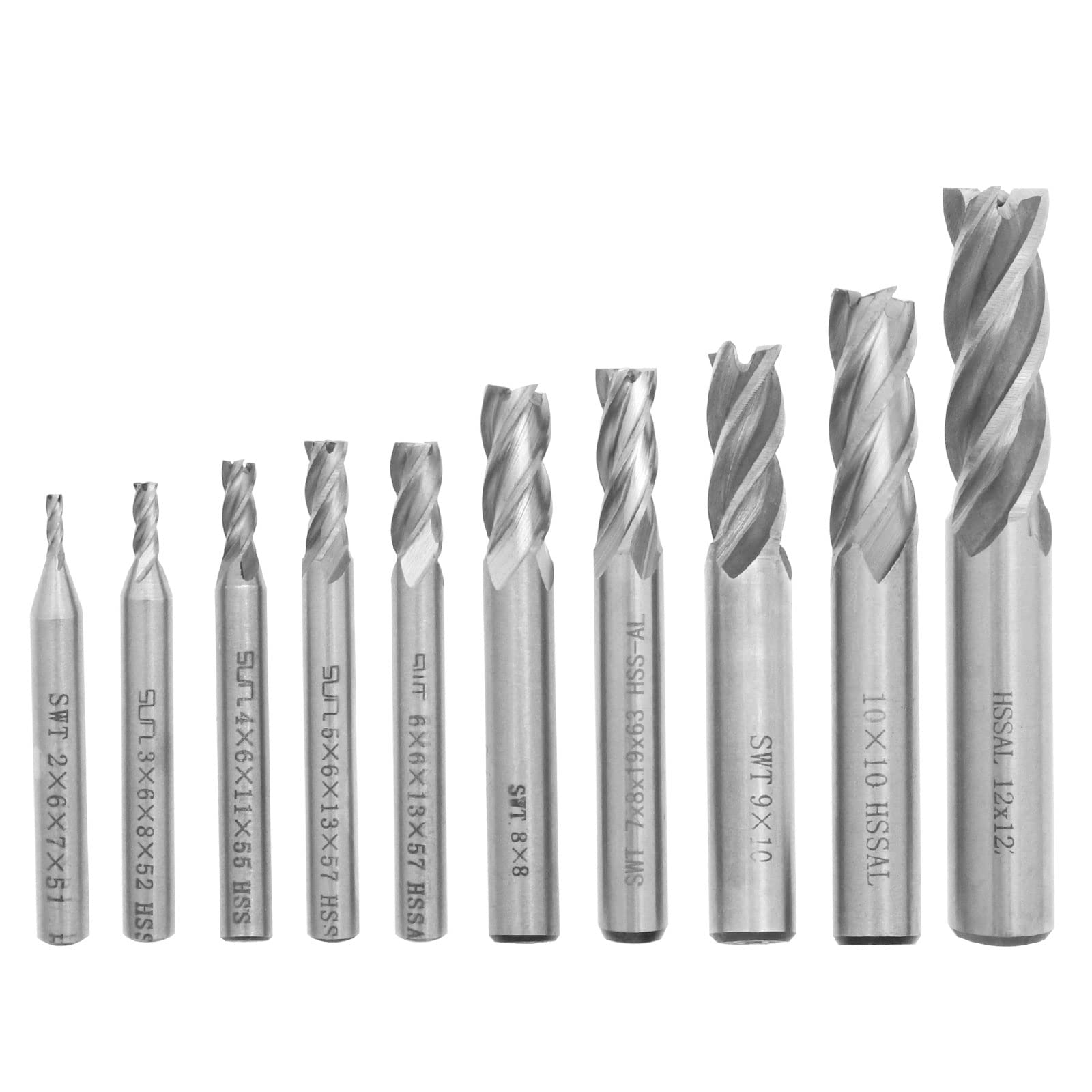 ECSiNG 10pcs HSS 4-flute Straight Shank End Mill Cutter Kit 2/3/4/5/6/7/8/9/10/12mm Dia 6mm 8mm 10mm 12mm Handle for for Wood Aluminum Steel Titanium