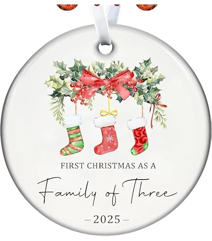 Our First Christmas As A Family Of Three Ornament 2026, Personalized Family Of 3 Christmas Ornaments Gifts For Baby New Parents, Photo Family Ornament Xmas Tree, Keepsakes Decor Custom Names
