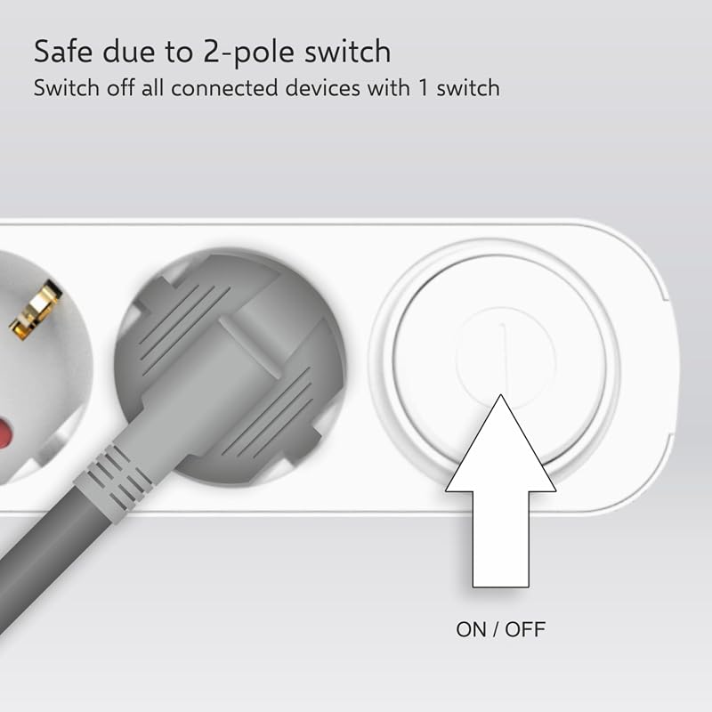 ES305 - Regleta de 5 enchufes con Cable de 1,5 m e Interruptor, 5 enchufes + USB + USB-C, protección para niños, Enchufe Schuko, máx. 3680 W, Certificado TÜV — foto 5 de 7