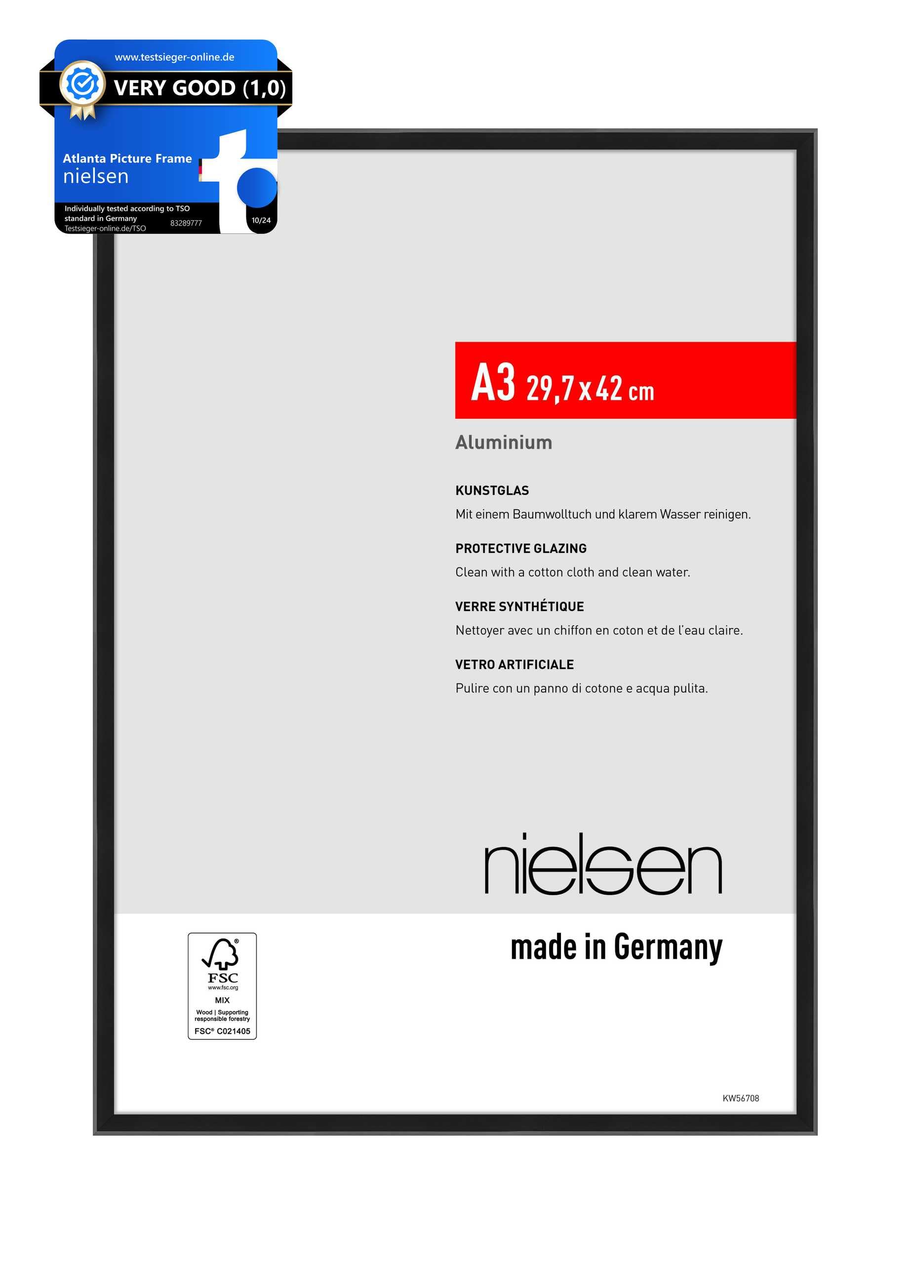 nielsen Atlanta Aluminium Picture Frame - Frosted Black A3, 29.7x42cm - with Synthetic Glass and Push-Turn Clips