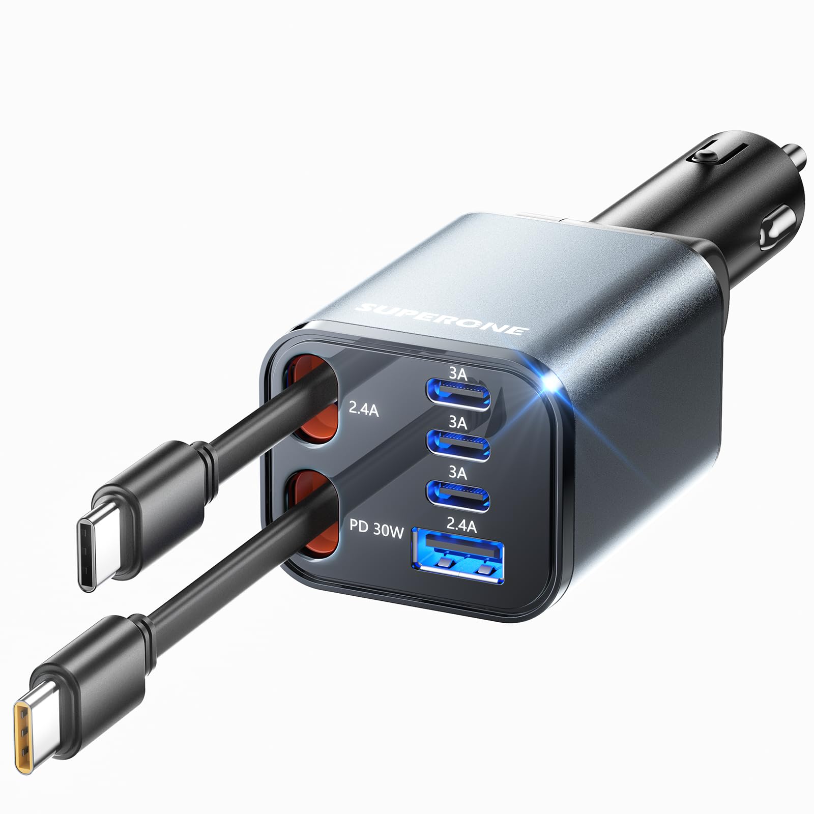 SUPERONE Retractable Car Charger, [Ultra-Compact] 6-Port Car Charger USB C, iPhone Car Chargers Fast Charging with Dual USB C Cables, Car Accessories Phone Chargers for iPhone 17/16/15/14/13/12 Series