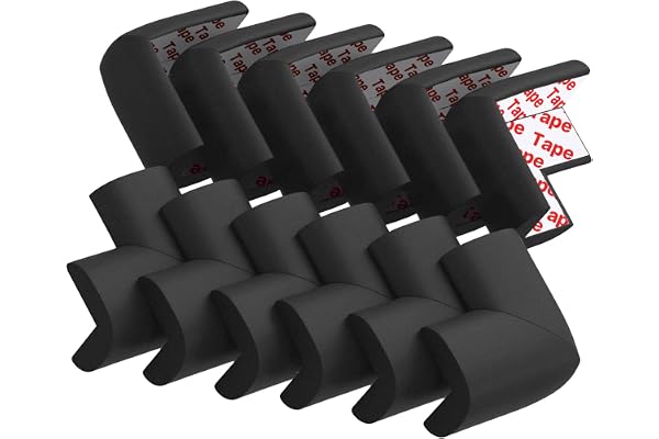 12 Pack Soft Corner Protector Baby Proofing Edge and Corner Guards, Safety Pre-Taped Rubber Foam Furniture Bumper for Fireplace, Table, Stair, Cabinet (Black)