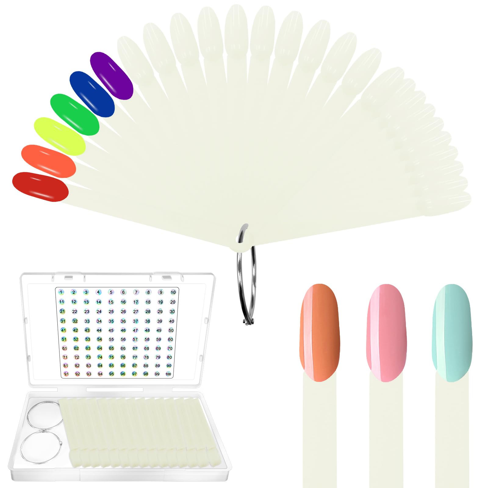 Laza 100 Pcs Nail Swatch Sticks - Box-packed with Ring & Numbered Stickers - Nail Art Polish Color Display Practice Tips - Natural Beige Sample Sticks - Oval