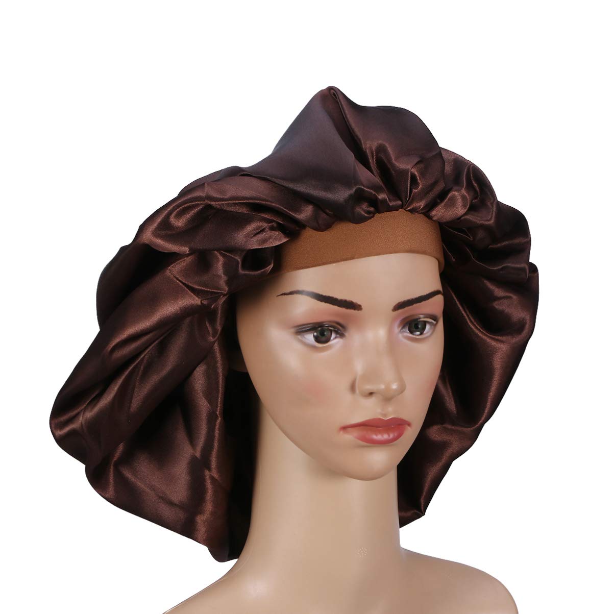 Holibanna Extra Large Satin Sleeping Cap Wide Band Bonnet Hat Elastic Curly Long Hair Hat (Coffee)