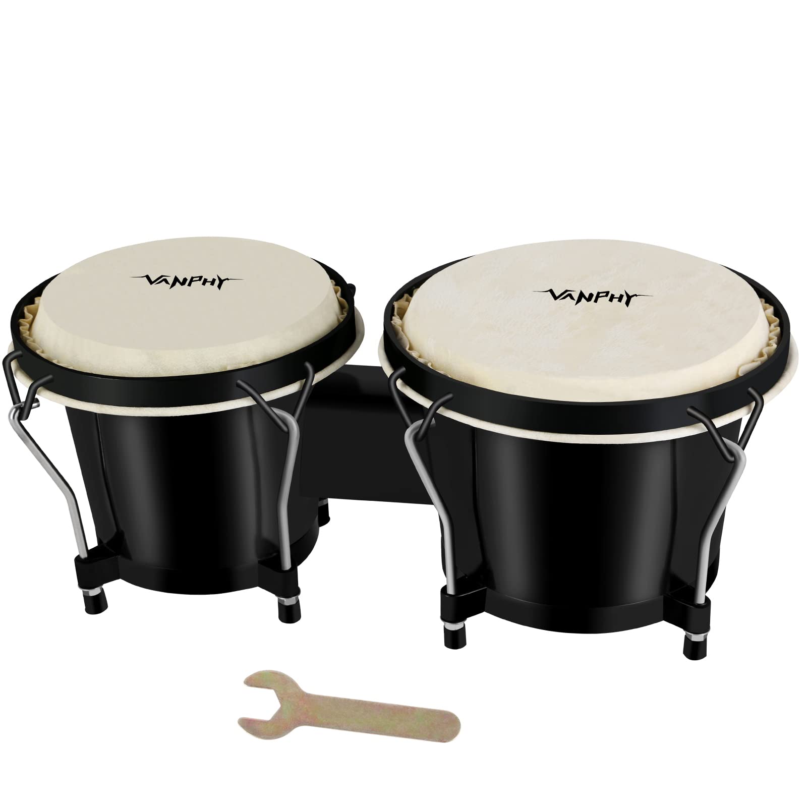 Photo 1 of VANPHY Bongo Drum Set with Tuning Wrench Bongos for Kids Adults Beginners Transparent Bongo Drums 6" and 7" Tunable Percussion Instruments Bongo Drum Natural Animal Hides Metal Bongo(Black)