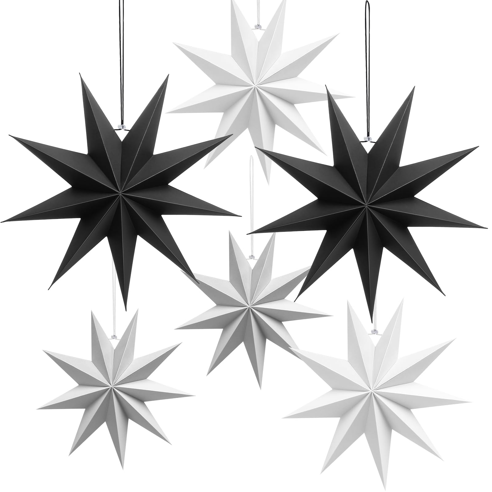 ANNERSAT 6pcs 9 Pointed Paper Stars - 40cm DIY 3D Black Hanging, 30cm White Charm Shape Lampshade & 25cm Grey Folded Lantern for Christmas New Years Eve Winter Evening Decor