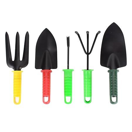 HOKIPO Metal Gardening Tools Set Including Trowel, Transplanter, Cultivator, Weeding Fork, Weeder (Multicolour) - 5 Piece