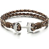 COOLSTEELANDBEYOND Mens Women Marine Anchor Wrap Bracelet Wristband, Double-Lap Braided Leather, Nautical Sailor