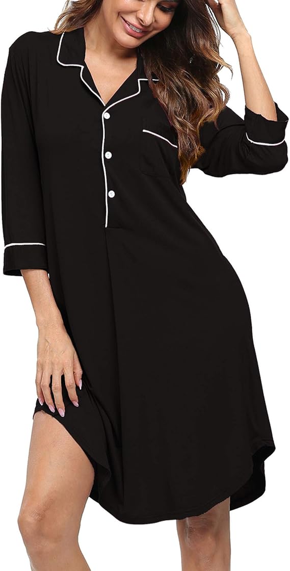 SWOMOG Women's Button Down Nightgown 3/4 Sleeve Nightshirt Pajama Top Boyfriend Sleepwear 