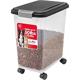 IRIS USA Airtight Pet Food Storage Rolling Container, 30 lb Capacity, Black | Airtight seal keeps kibble, bird seed, and pet food fresh while wheels provide easy mobility around the home.