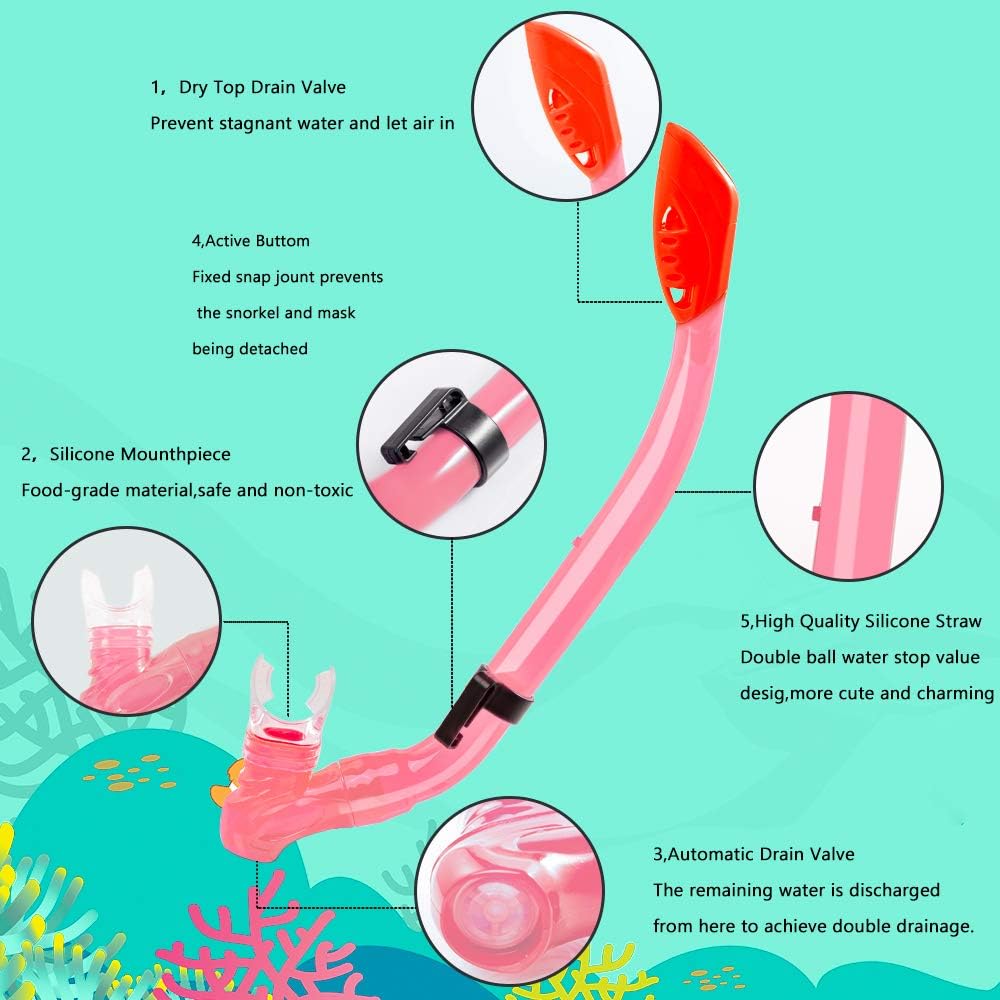 Ertong Children Snorkel Set Kids Scuba Diving Equipment Packages Including Adjustable Swimming Fins/Flippers + Automatic Breathing Tube + Tempered Glass Lens Snorkeling Mask (Rose Red) : Sports & Outdoors
