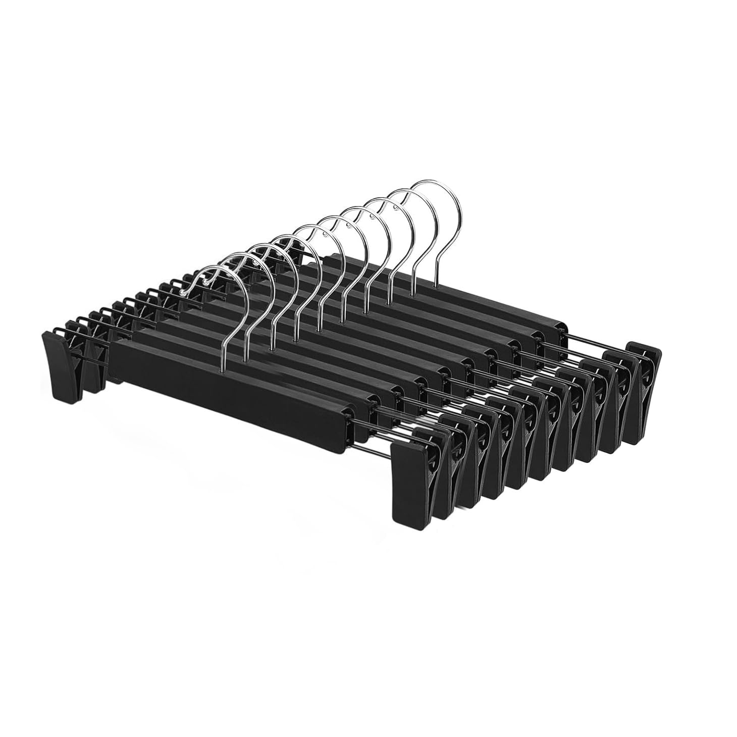 LATRAT Set of 10 Trouser Hangers Plastic & Metal, 360 Swivel Hooks, Adjustable Non-Slip Clips for Trousers, Skirts (Black)