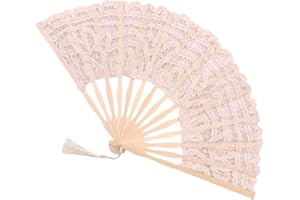 PROPUPY Folding Hand Fan,Womens Lace Fan Elegant Cotton Fan Handmade Vintage Retro Fan with Bamboo Staves and Silk Tassels for Wedding Bridal Shower Dancing Party