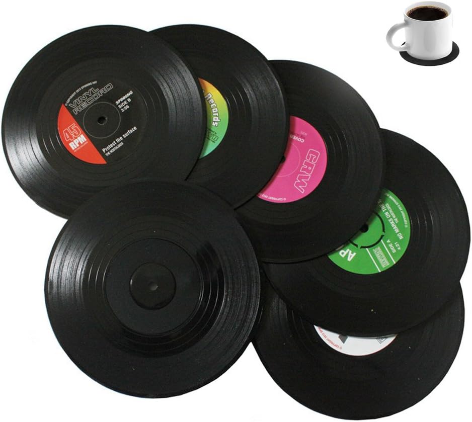 Bllatta Set of 6 Drink Coasters with Gift Box - Vinyl Record Retro Mats,Good Grip,Tabletop Protection Prevents Furniture Damage,Large 4.1 inch Size