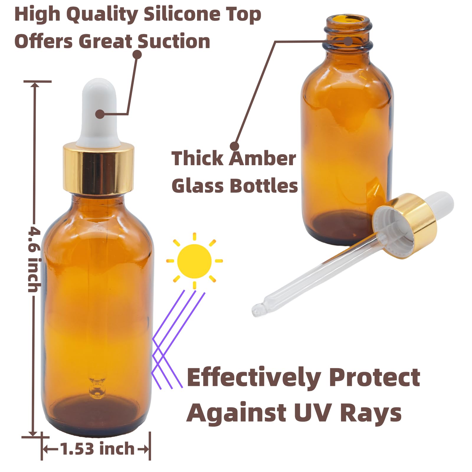 4 PACK 2 oz Amber Glass Dropper Bottle, Golden Cap 60 ml Dropper Bottles, Tincture Bottle for Essential Oils, Liquids - Leakproof Travel Bottles