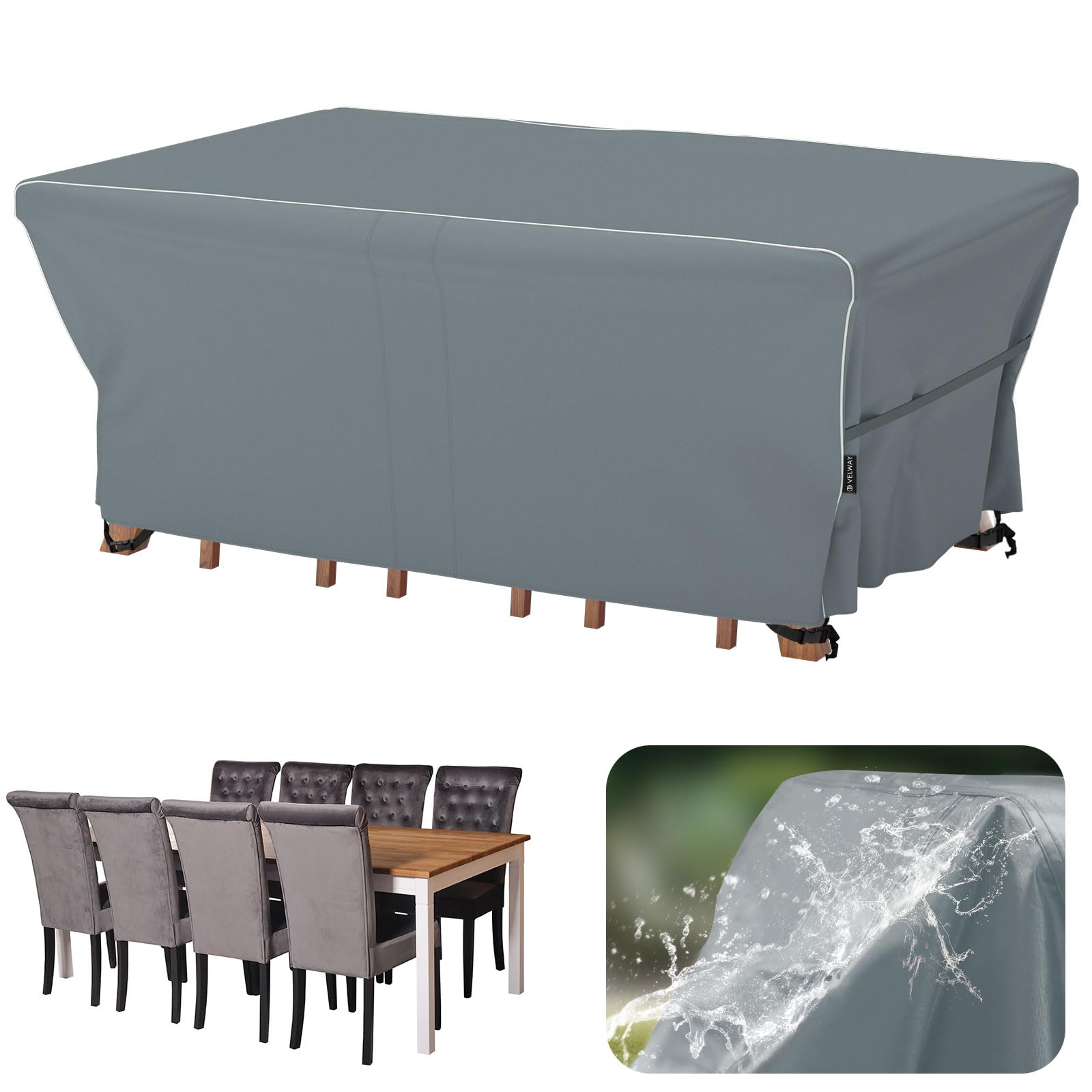 Velway Garden Furniture Covers Waterproof - 242x162x71cm Outdoor Furniture Covers Anti-UV Tear-Resistant with Reflective Strip Air Vent 600D Windproof Rattan Sofa Set Patio Table Cover - Grey