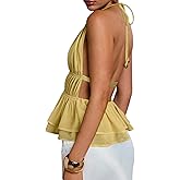 SweatyRocks Women's Deep V Neck Peplum Halter Top Y2k Sexy Backless Ruffle Tops Club Outfits