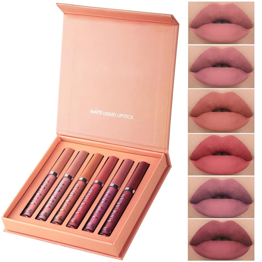 6 Pcs Matte Liquid Lipstick Set Nude Lip Gloss Non-Stick Cup Not Fade Waterproof Long Lasting Lip Sticks Gift For Make Up Women (Set B)