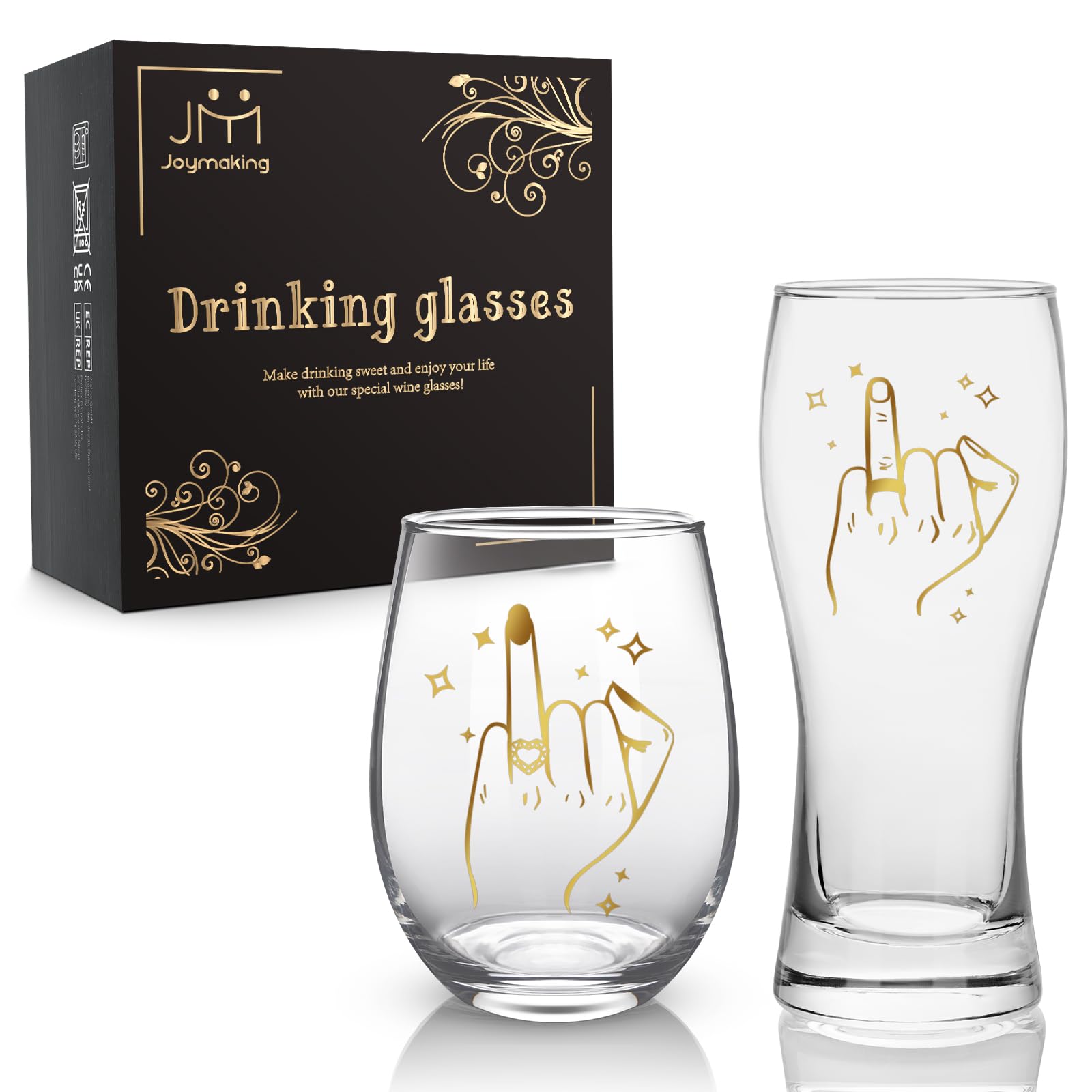 Joymaking Wine and Beer Glass Set for Couple - Wedding, Engagement, Bride to Be Gift - His and Hers Glasses for Bride and Groom - Married Decorations 15oz