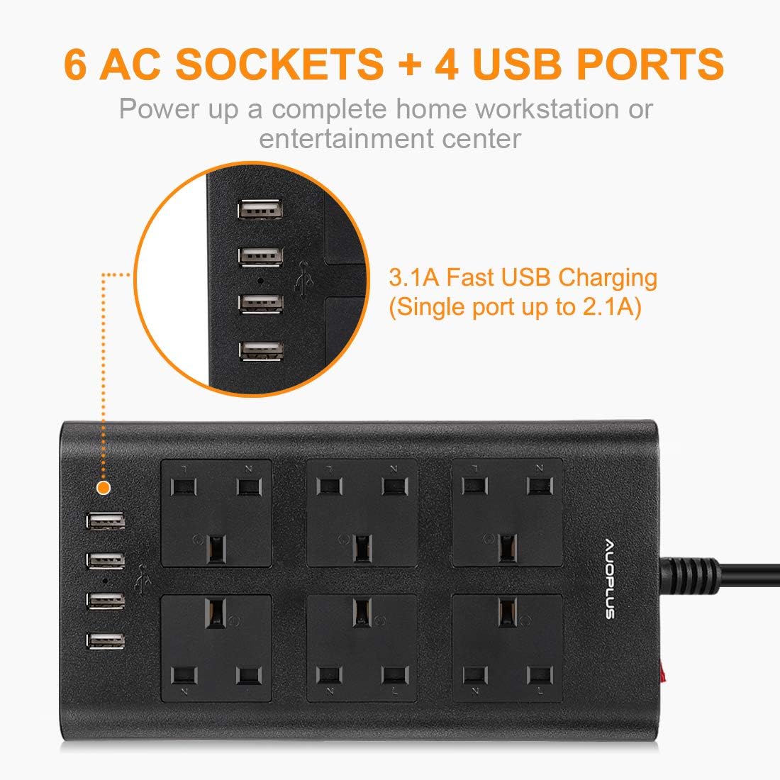 6 Way Extension Lead 5M, AUOPLUS Multi Plug Extension Lead with USB Solts, Overload Protection Power Strip - Image 3