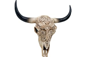 ALIKIKI Western Cow Skull Wall-Decor - 12.2”Long Realistic Animal Head Wall Hanging Art Boho Cross Steer Bison Buffalo Bull Cow Horned Skull Home Wall Decor
