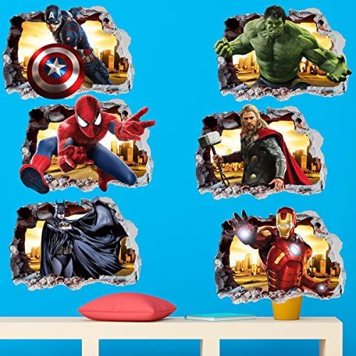 greatdealsandgifts Superheroes in Wall Smashed Kids Boy Girls Bedroom Decal Wall Art Sticker Gift New Large 6 pack