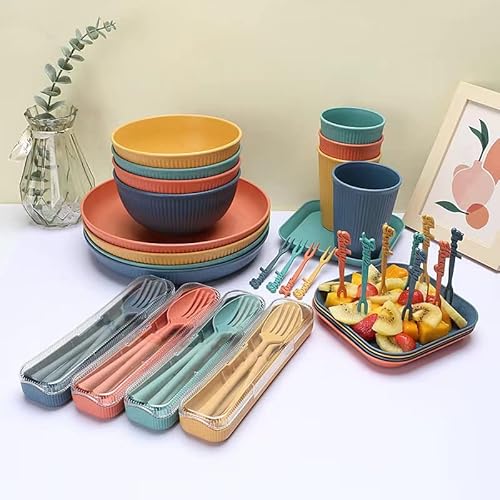 Wheat Straw Dinnerware Sets (48Pcs) Reusable Dishware Sets with Plates,  Cups, Knives, Forks and Spoons,Lightwe