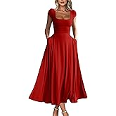 YMDUCH Women's Casual Short Sleeve Square Neck Solid Slim Flowy Maxi Dress with Pockets