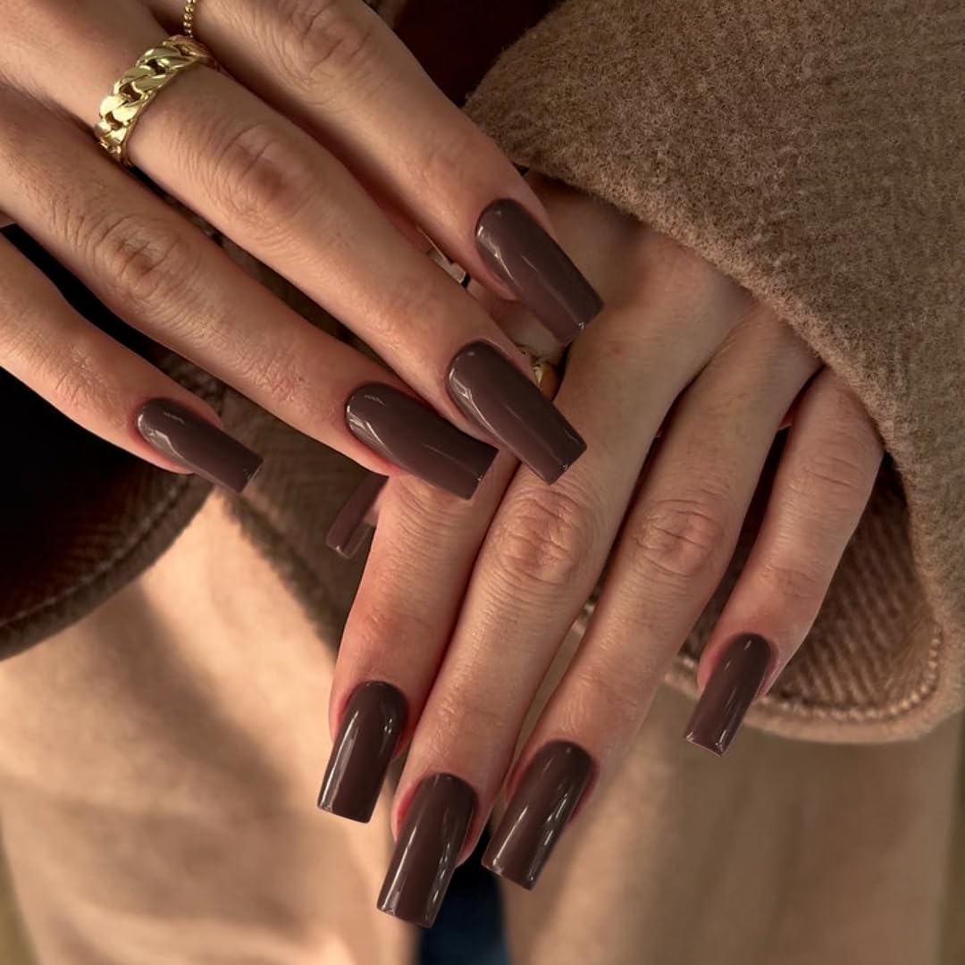 Fall Nails KQueenest Medium Long Press On Nails Coffin Nails Press Ons Gloss Brown Dark Color Long Fake Nails For Women Thick Gel Square Tip Nails Acrylic False Nails Set, 24 Pcs