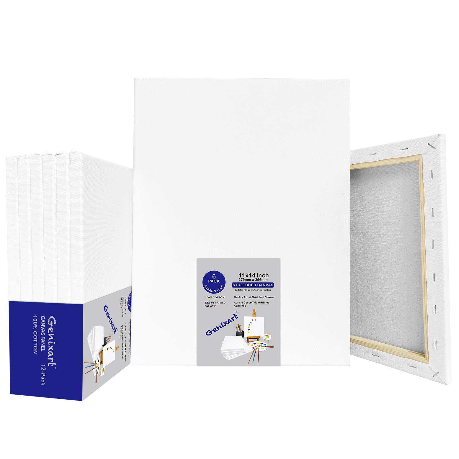 Genixart 28x36cm / 11"x14" Inch White Blank Stretched Canvas, Pack of 6, Primed Professional Artist Canvases for Acrylics & Oils Painting
