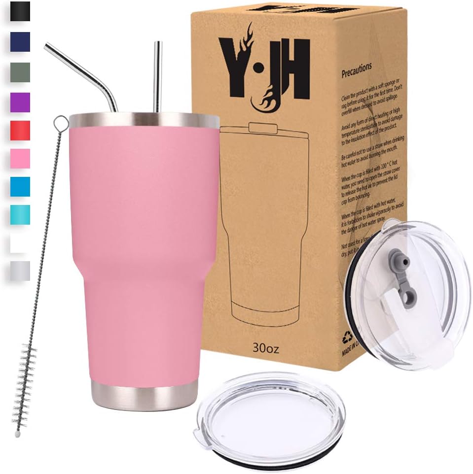 Y·J&H 30oz (850ml) Travel Tumbler Double Wall Vacuum Insulated Coffee Mug Stainless Steel Coffee Cup with 2 Splash Proof Lid