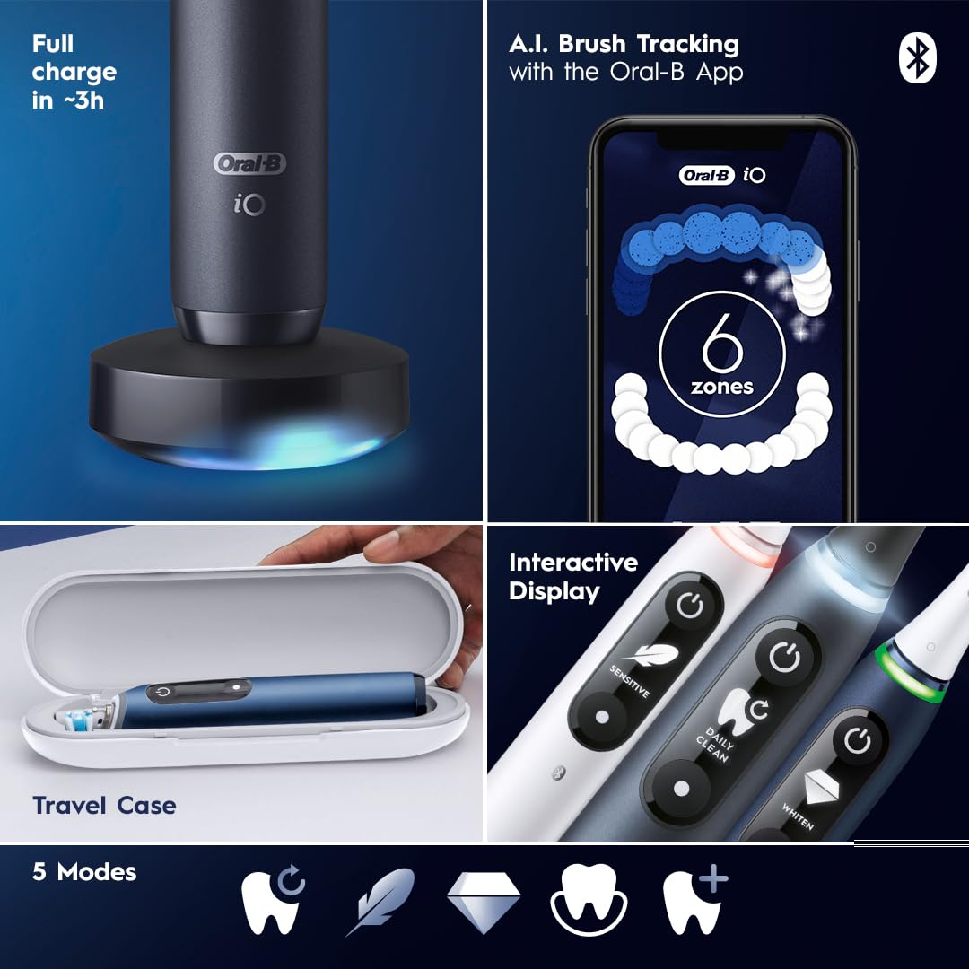 Oral-B iO Series 7G Rechargeable Electric Toothbrush with Visible Pressure Sensor to Protect Gums, 2 Min Timer, 5 Cleaning Settings, 2 Replacement Toothbrush Heads, and Travel Case, Blue
