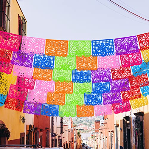 JOHOUSE 2Pack Mexican Party Banner, 18 Feet Plastic Fiesta Banner Cinco de Mayo Dia De Los Muertos Decor Day of the Dead Papel Picado Decorations, Mexican Party Supplies