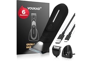 VOUKAD Sensitive Skin Personal Pubic Hair Trimmer for Women and Men, Electric Manscape/Bikini Trimmer, Waterproof Groin Trimmer for Body Hair, with Light, Travel Size, 6 Precisions, with Charging Dock