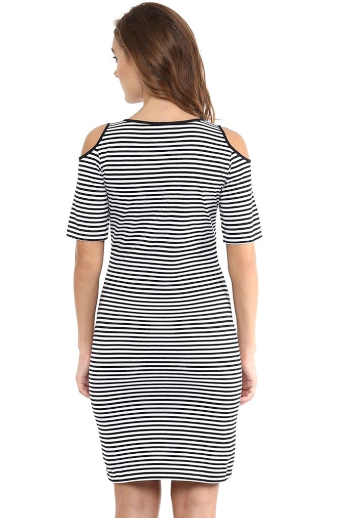 miss chase womens black and white striped cold shoulder dress