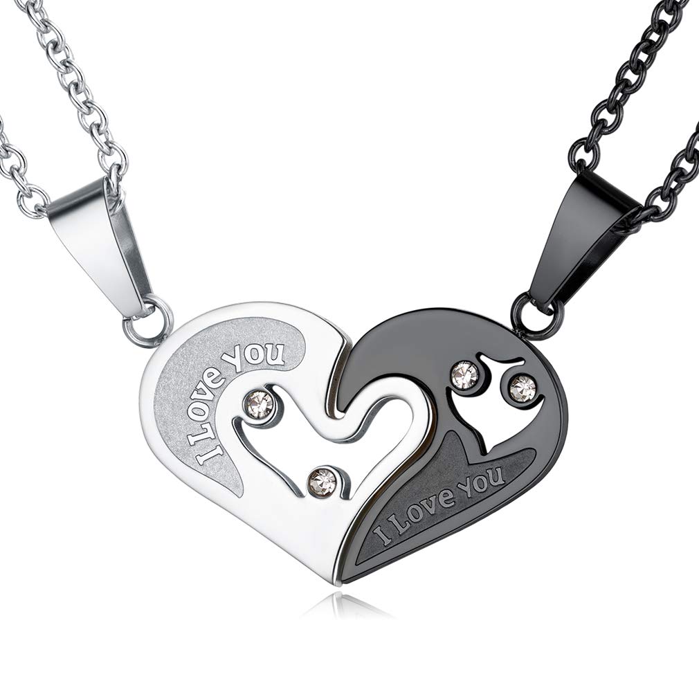2-Pieced Men Women Stainless Steel I Love You Heart Rhinestone Puzzle Matching Pendant Couple Necklace Gifts for Her Him Birthday Christmas Anniversary — image 1