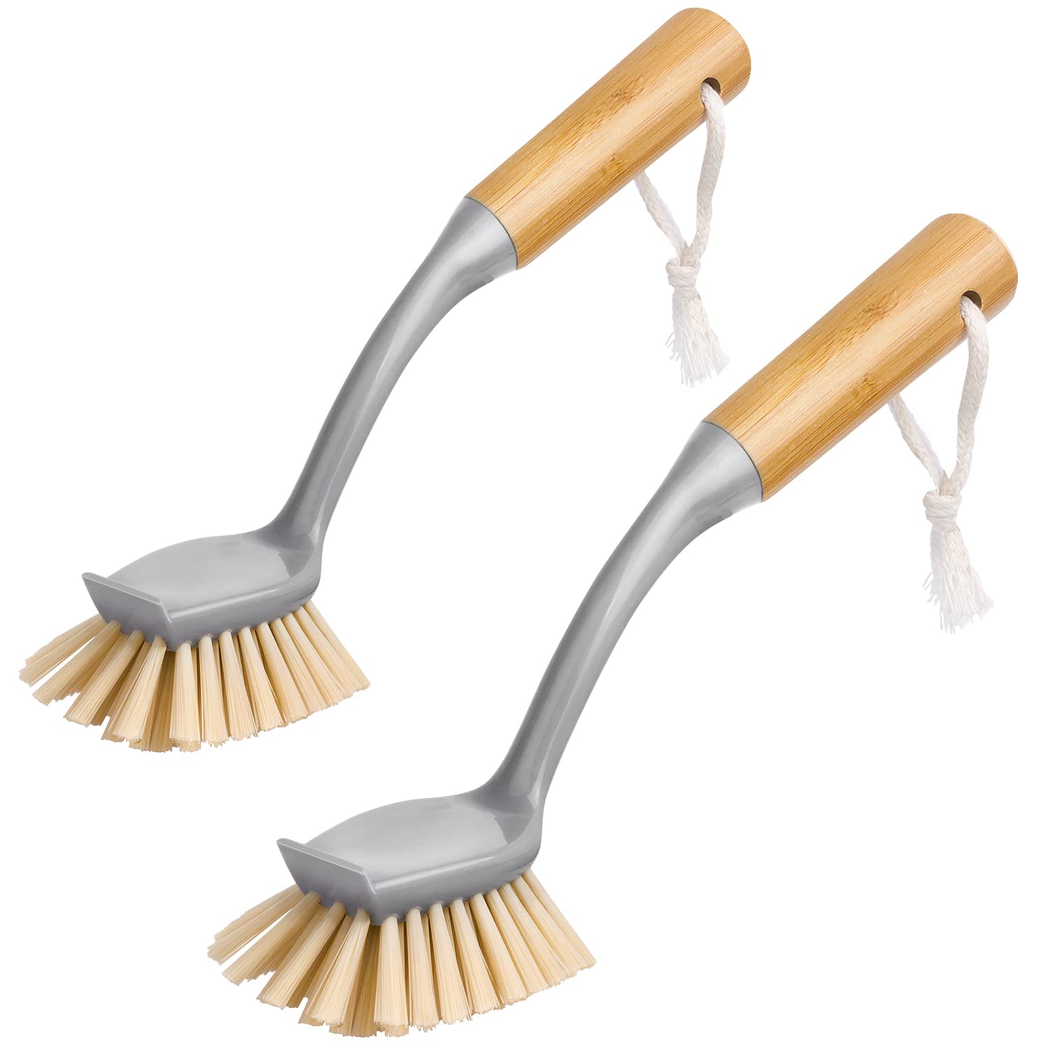 Photo 1 of MR.SIGA Dish Brush with Long Bamboo Handle Built-in Scraper, Scrub Brush for Pans, Pots, Kitchen Sink Cleaning, Pack of 2
