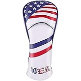 PLUSKER Golf Fairway Wood Head Cover - USA Flag Leather Protector with Tags for Golf Course Travel