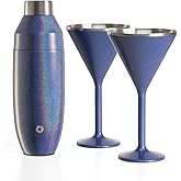 SNOWFOX’s Newport Collection, Premium Martini & Shaker Set, Vacuum Insulated 22 oz SNOWFOX Cocktail Shaker & 2 Newport Martini Glasses 8 oz Gift Box Set, Home Bar Accessories, Classic Design, Blue