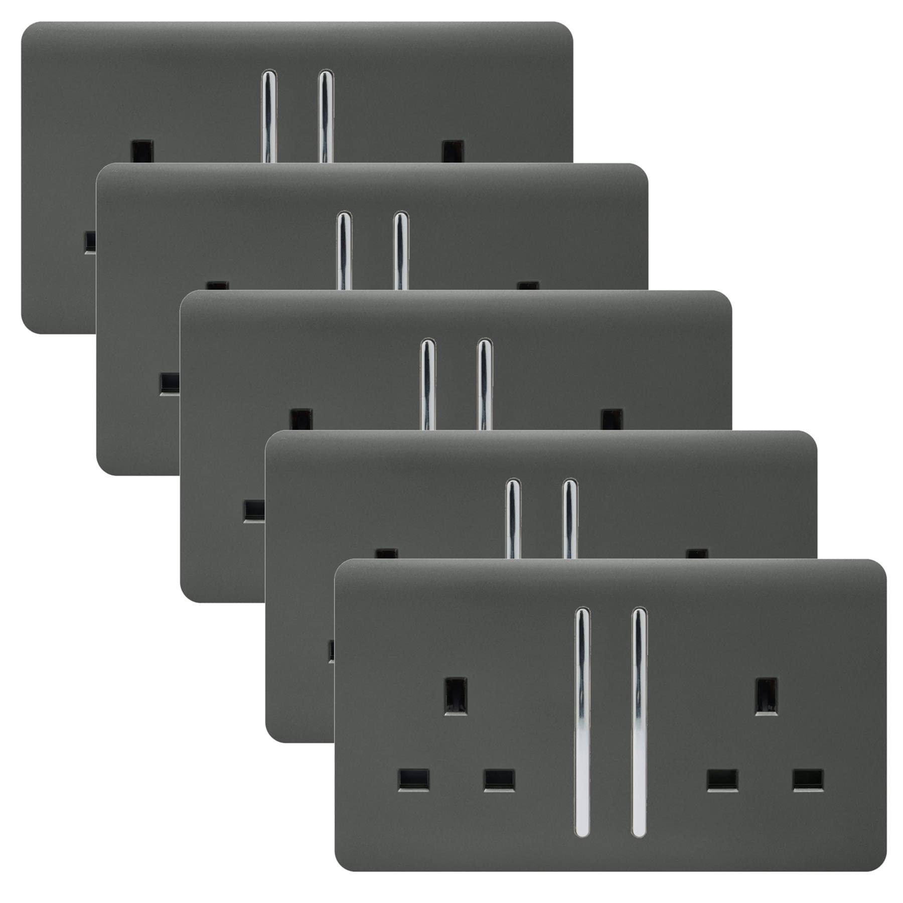 Trendi 2 Gang Artistic Modern Glossy 13 Amp Switched Tactile Plug Socket Charcoal (5 Pack)
