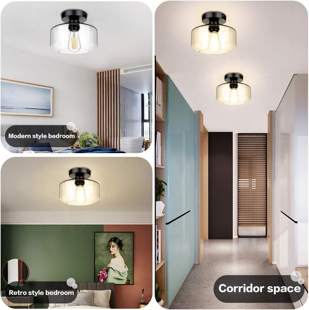 Industrial Semi Flush Mount Ceiling Light, Farmhouse Light Fixture with E26 Base Clear Glass Pendant Lamp Shade, Ceiling Light Fixture for Hallway, Entry, Porch, Kitchen, Bedroom, Dining Room, Bar - - 