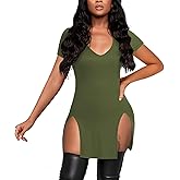 Rooscier Women's Summer V Neck Split Side Short Sleeve Bodycon Sexy Casual Mini Dress
