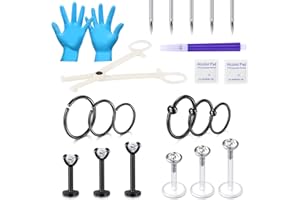 JIESIBAO 22PCS Black Ear Piercing Gun Kit,14G Piercing Needles Clamps Tools with 16G Cartilage Earring Stud CZ for Labret Monroe Tragus Helix Cartilage Piercing