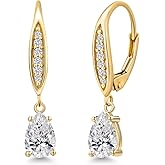 Gem Stone King 7X5MM Pear Shape Gemstone Birhtstone and Lab Grown Diamond Leverback Dangle Earrings for Women in 10K Yellow Gold | Fine Jewelry Gifts for Her Mom Women Wife