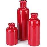 Small Ceramic Vase Set of 3, Boho Modern Flower Vase Room Decor, Farmhouse Decor, Vases for Your Kitchen, Bathroom, Bedroom, Living Room, Office&Shelf Centerpiece Table Decorations, Red