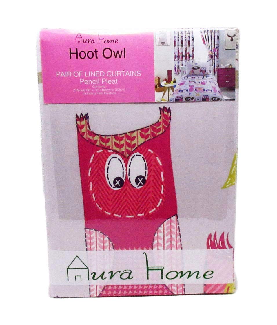 AuraHome Hoot Owl Cotton Curtains Pair with Pencil Pleat and Matching Tiebacks