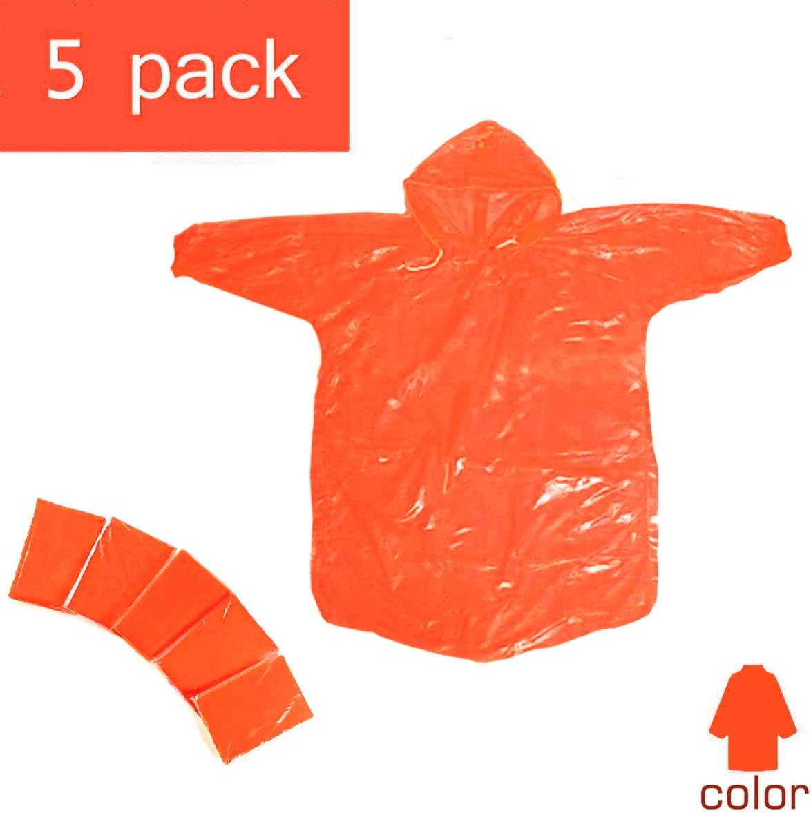 Disposable Rain Ponchos 5 Pack Kids Children Rain Coat with Drawstring Hood & Sleeve (Orange)